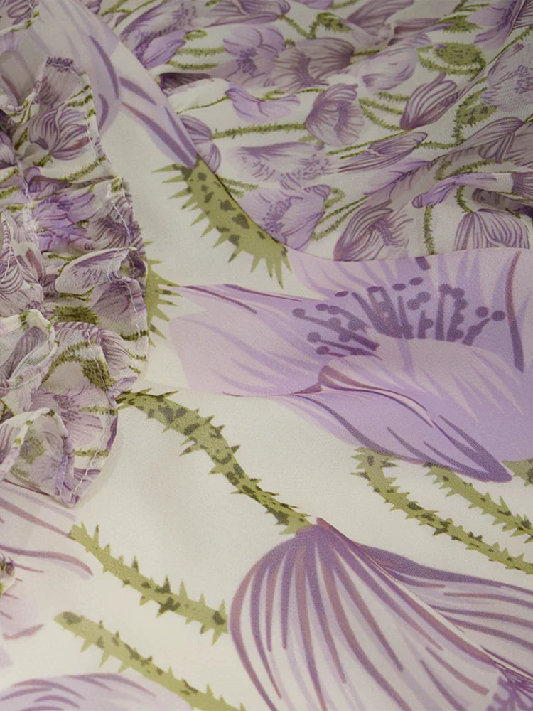 Puff sleeve floral skirt summer small fresh very fairy dress, purple summer thin long skirt gentle fungus side girl