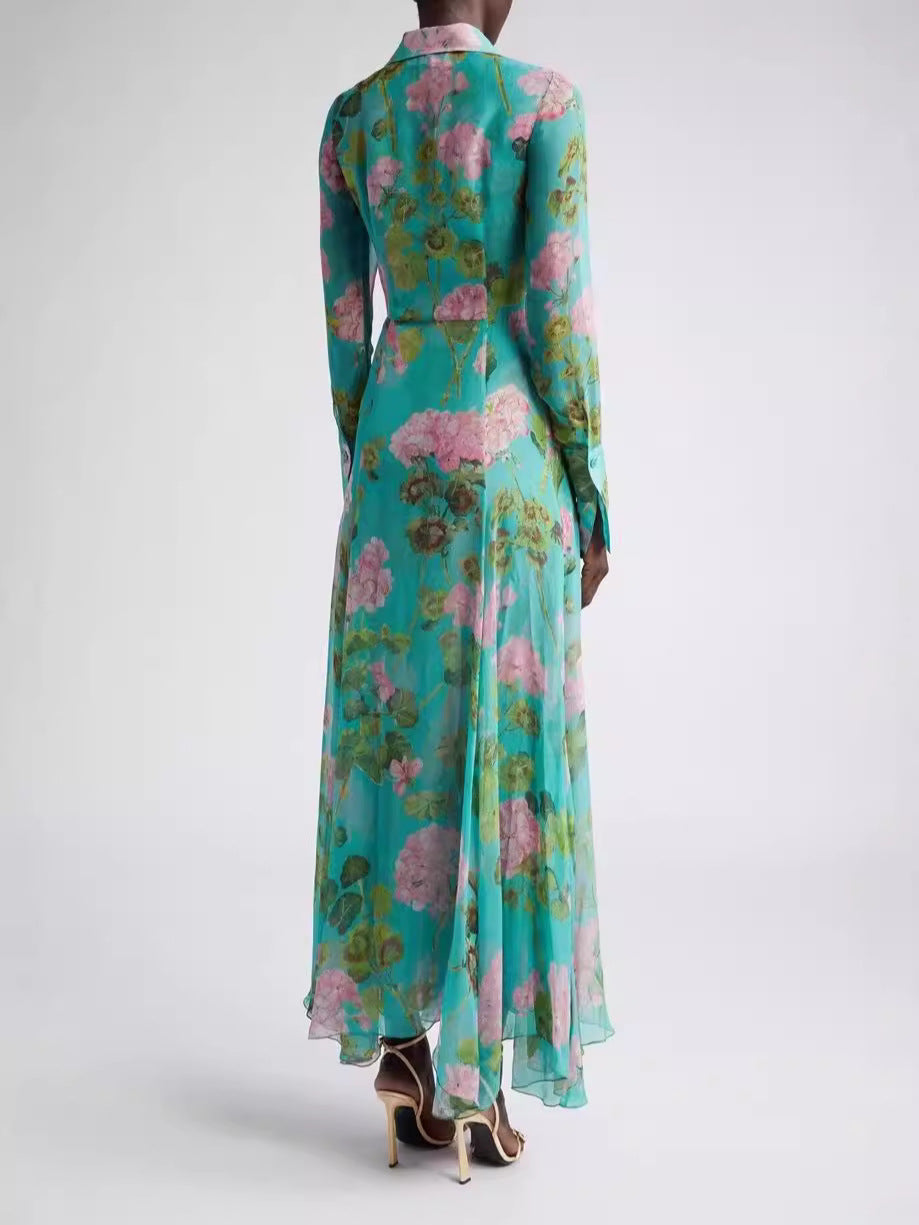 Green Printed Single Breasted Dress