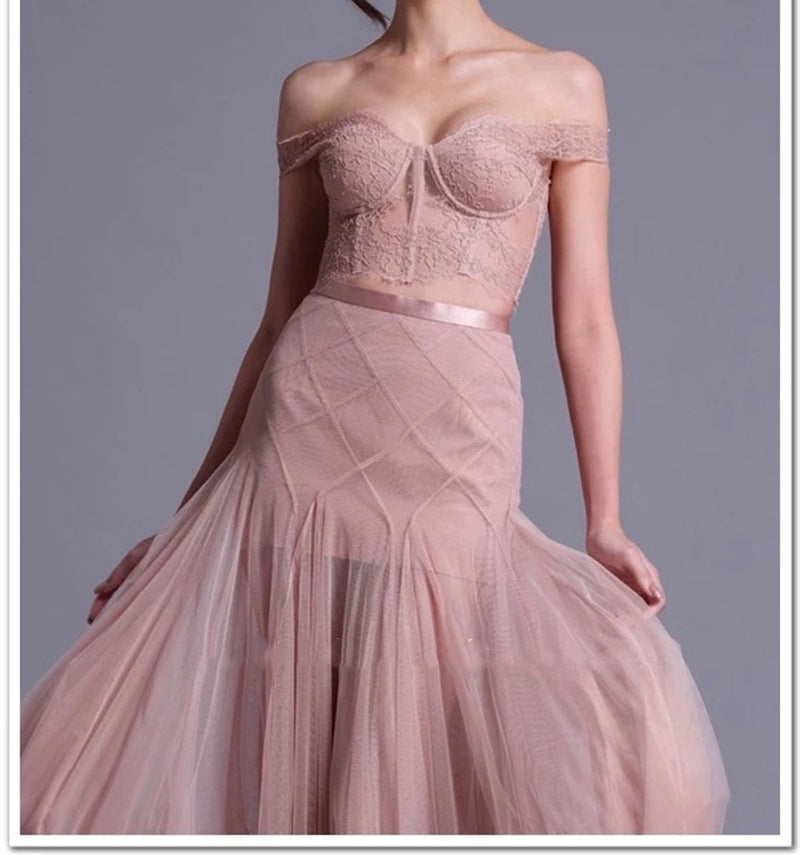 Flowering Girl Women floral dentelle off-shoulder bustier corset net skirt set in pink