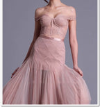 Flowering Girl Women floral dentelle off-shoulder bustier corset net skirt set in pink