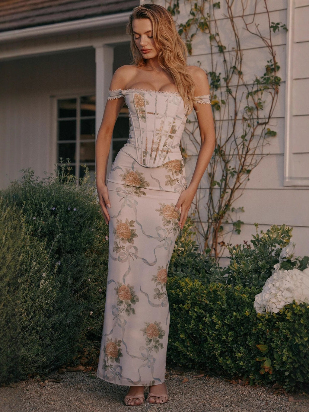 Flowering Girl Women Phoenix White Floral Print Fitted Corset Maxi Dress