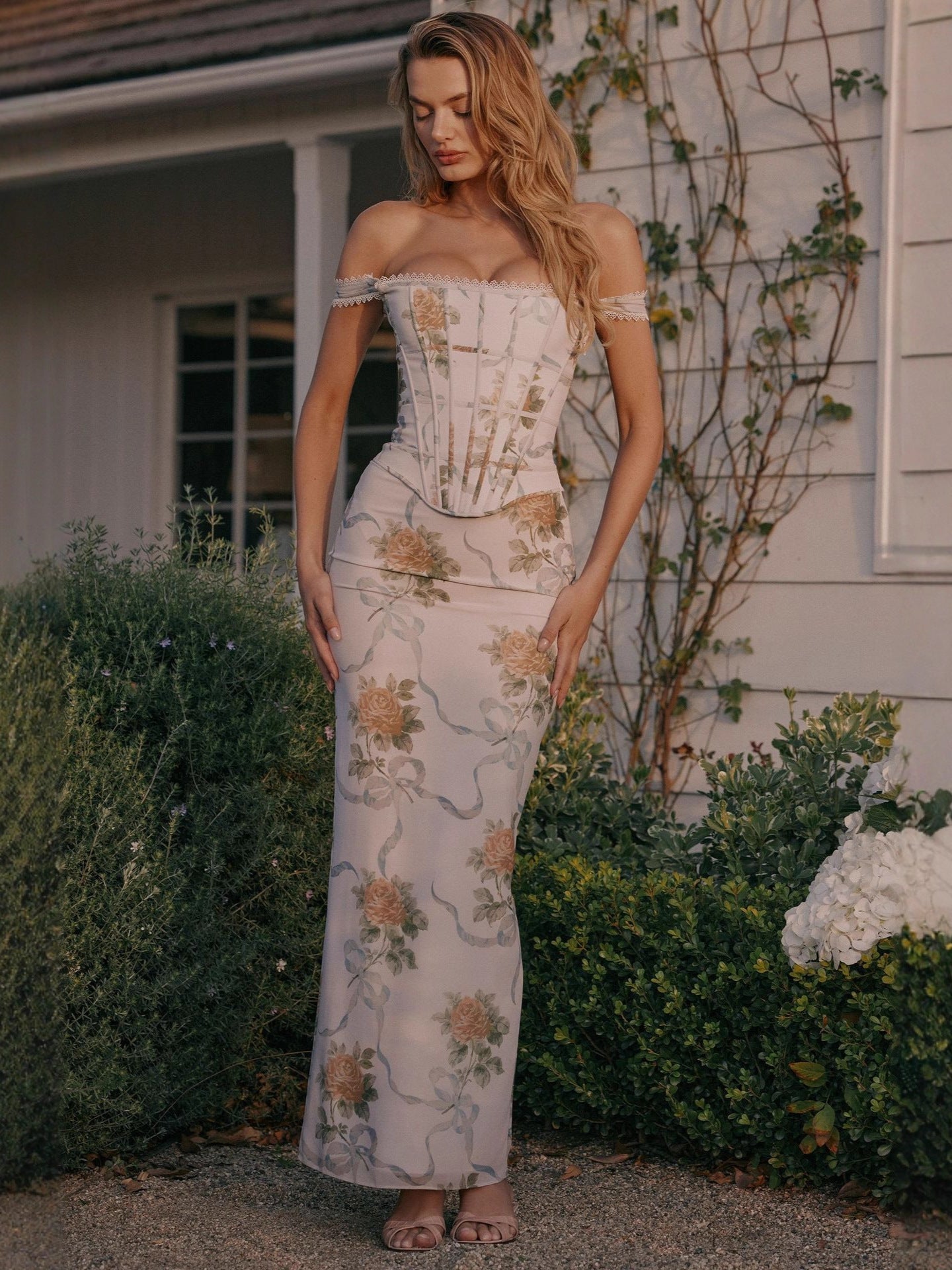 Flowering Girl Women Phoenix White Floral Print Fitted Corset Maxi Dress