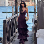 Flowering Girl Women lorraine Waist-cinching backless camisole cake maxi dress - burgundy