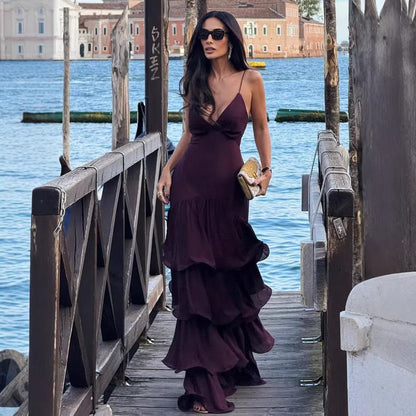 lorraine Waist-cinching backless camisole cake maxi dress - burgundy
