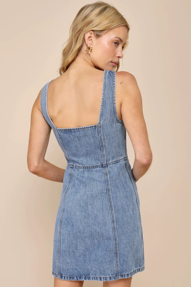 Denim Suspender Square Neck Slim Mini Dress