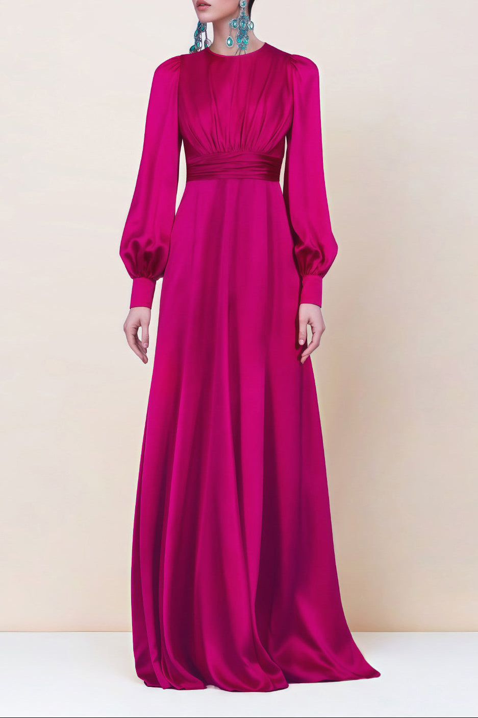 Fuchsia Satin Long Sleeve Maxi Dress With Gathered Waist