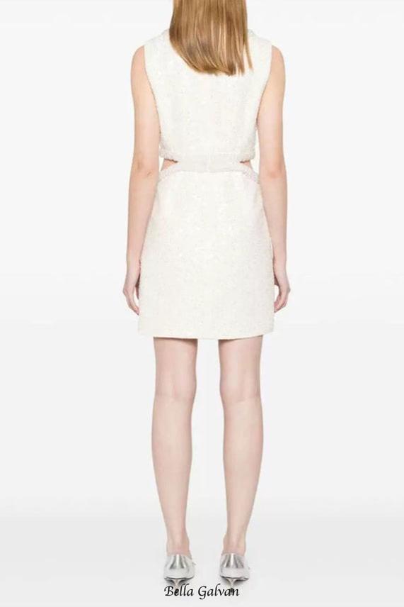 Flowering Girl Women cut out cream boucle pearl mini dress