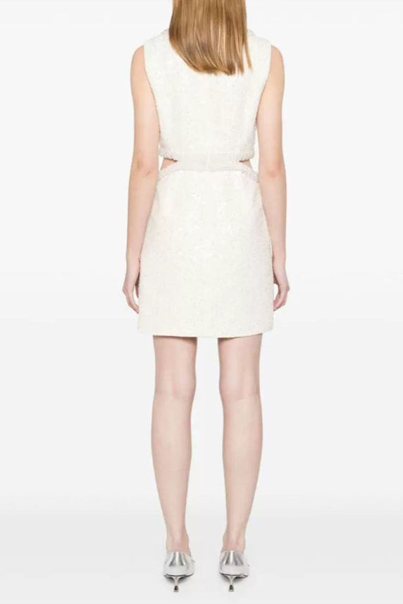 Flowering Girl Women Cut Out Cream Boucle Pearl Mini Dress