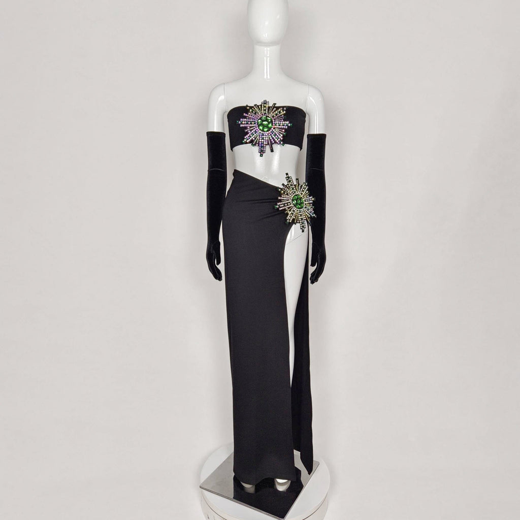 Flowering Girl Women Rhinestone High Split Skirt Set With Gloves