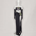 Flowering Girl Women Rhinestone High Split Skirt Set With Gloves