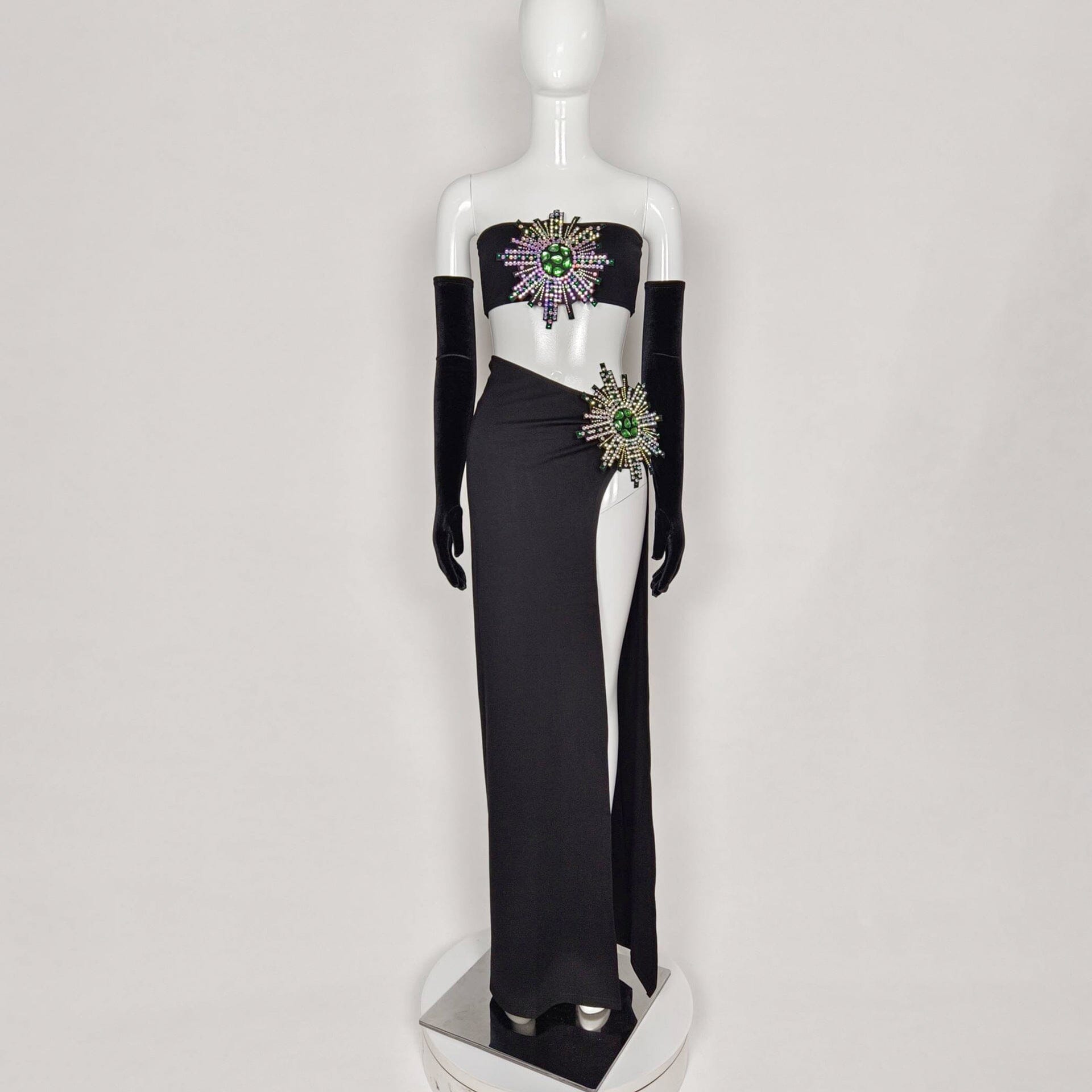 Flowering Girl Women Rhinestone High Split Skirt Set With Gloves