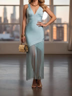Light Blue Bandage Fringe Midi Dress
