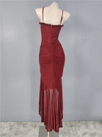 Burgundy Mesh Ruffle Waist Maxi Dress