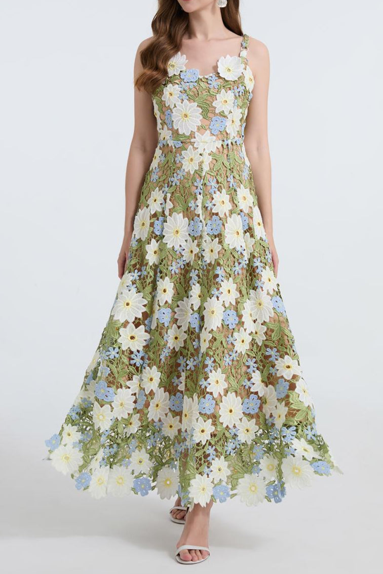 Flowering Girl Women celeste floral hollow stitching maxi dress in green