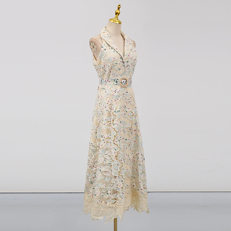 chloe sleeveless hollow lace maxi dress in beige
