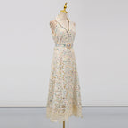 chloe sleeveless hollow lace maxi dress in beige