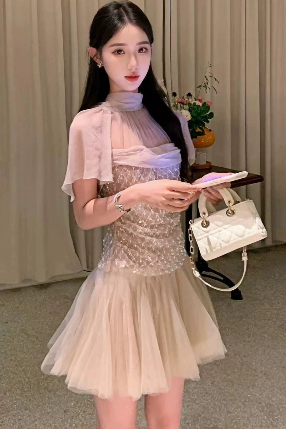 Sheer Mesh Rhinestone High Neck Tulle Mini Dress