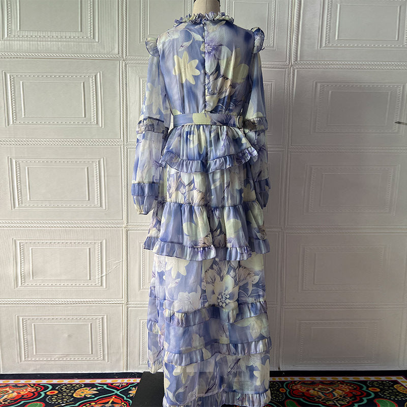 alyssa purple Floral print Ruffle Maxi Dress With Belt