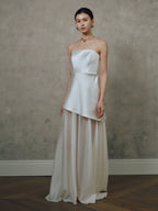 Satin Spliced Tulle  Strapless Maxi Dress In Black And White