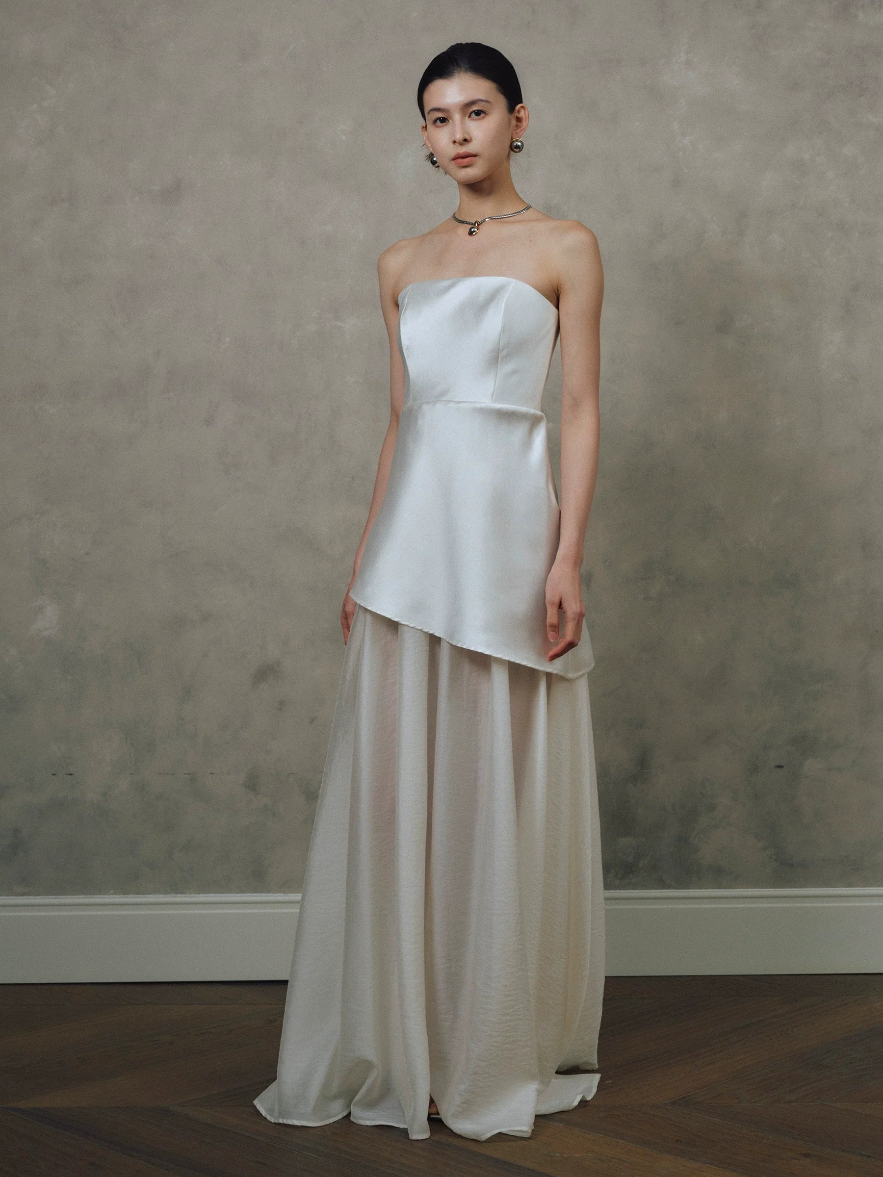 Satin Spliced Tulle  Strapless Maxi Dress In Black And White
