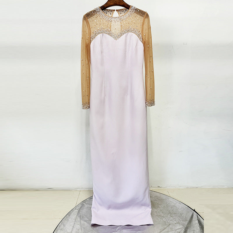 pink mesh splicing bead  long dress with diamonds