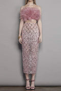 Audrey Pink Feather Top Sequin Midi Skirt Set