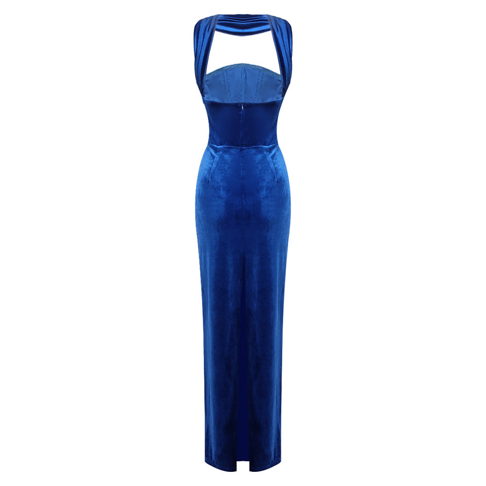 Flowering Girl Women josephine off-shoulder velvet sash gown in blue