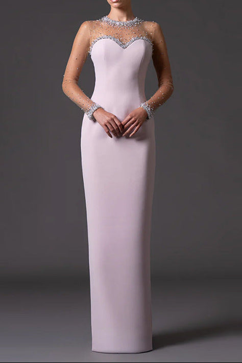 pink mesh splicing bead  long dress with diamonds
