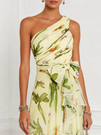 Flowering Girl Women print sleeveless maxi dress with slanted neckline -Champagne-green