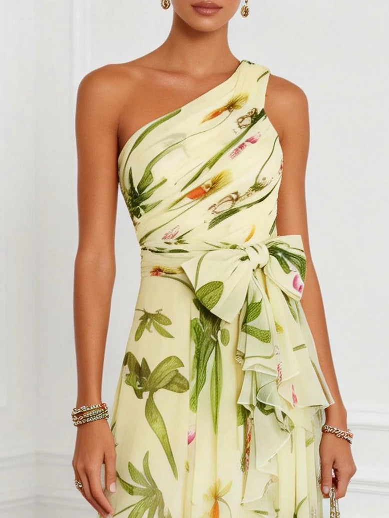 Flowering Girl Women print sleeveless maxi dress with slanted neckline -Champagne-green