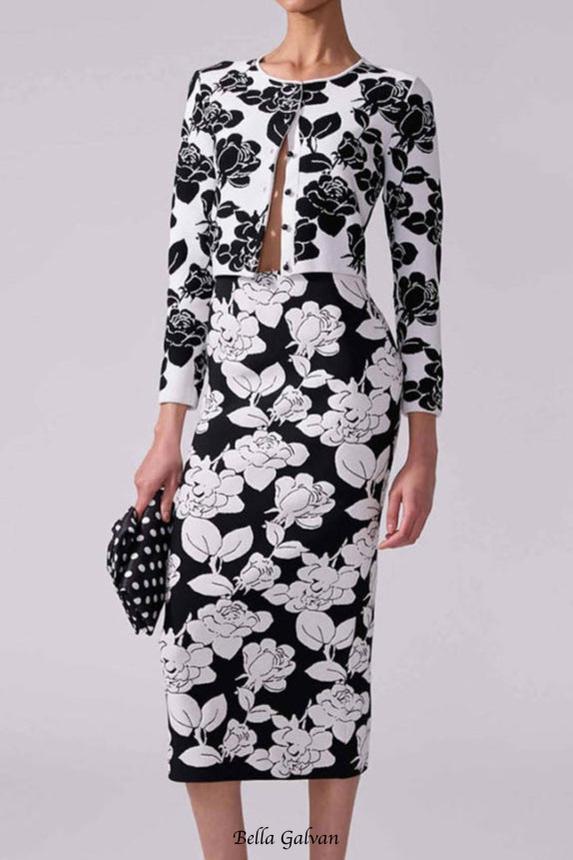 Flowering Girl Women knit floral jacquard midi pencil cardigan skirt set