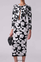 Flowering Girl Women knit floral jacquard midi pencil cardigan skirt set