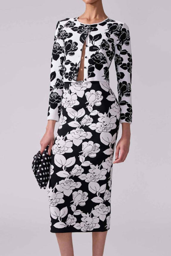 Flowering Girl Women Knit Floral Jacquard Midi Pencil Cardigan Skirt Set