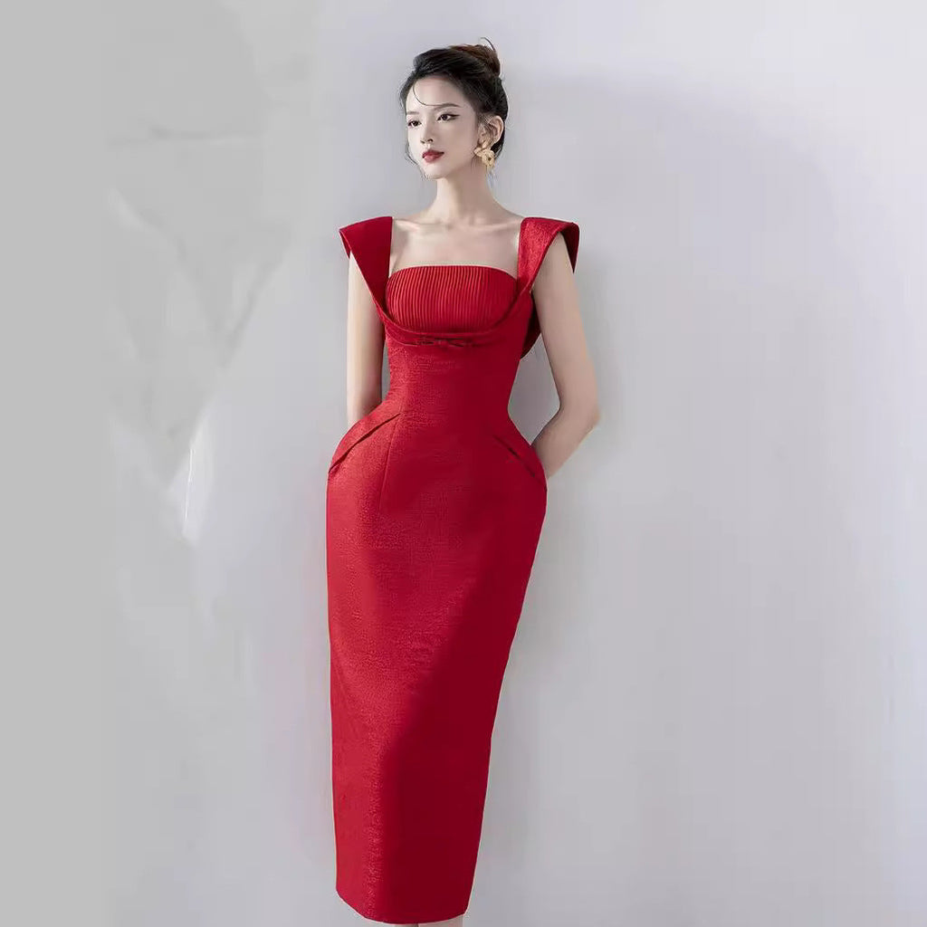 Flowering Girl Women square neckline bow midi dress in red