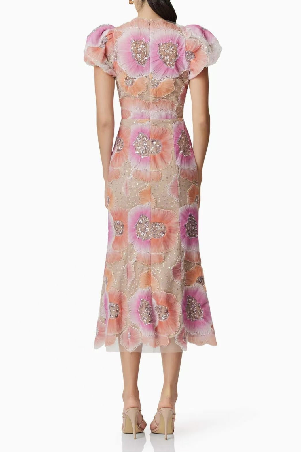 Flowering Girl Women Lydia Puff Sleeve Floral Midi Dress In Pink
