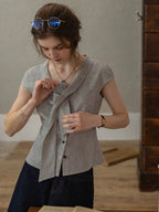 Flowering Girl Women plaid French slim-fit V-neck tied blouse