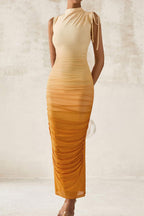 yellow Mesh flowers sleeveless crew neck dress