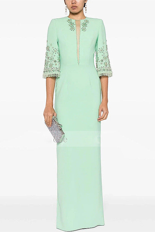 Flowering Girl Women mesh splicing bead diamond mid-sleeve mint green long dress