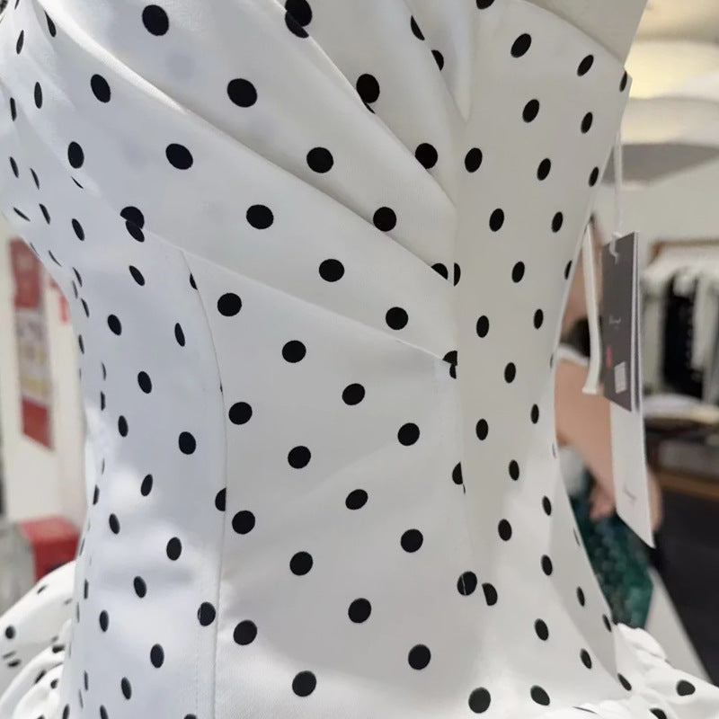 Flowering Girl Women Polka Dot Strapless Flower Corset Puff Mini Dress In White