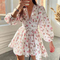 Printed V-neck puff sleeve lace mini dress