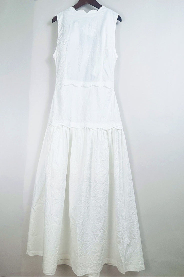 Flowering Girl Women Scallop Trim V-Neck Crinkled Maxi Dress In Ecru