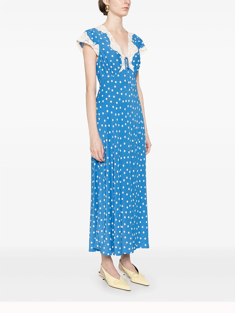 Flowering Girl Women Lyuba Polka Dot Lace-Trimmed V-Neck Maxi Dress In Blue
