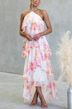 Floral Ruffle Halter Neck Midi Dress - pink