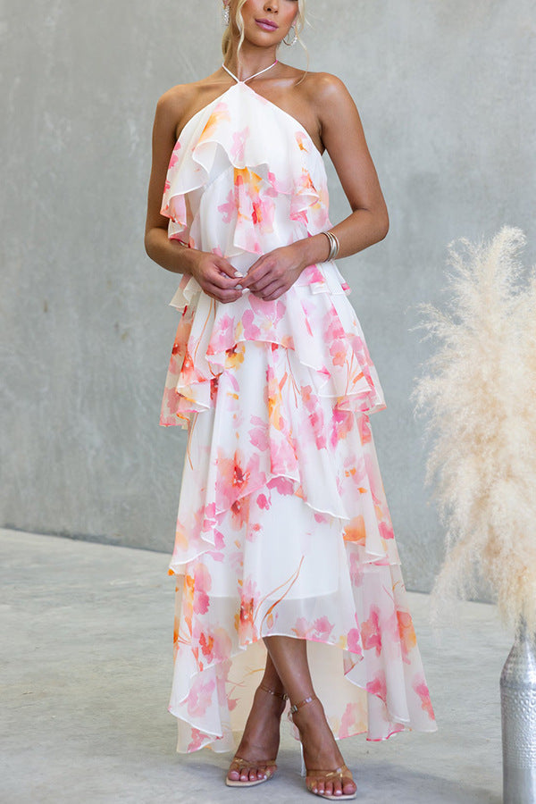 Flowering Girl Women Floral Ruffle Halter Neck Midi Dress - Pink