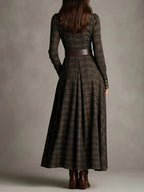 long sleeve printed lapel elastic cinched maxi dress