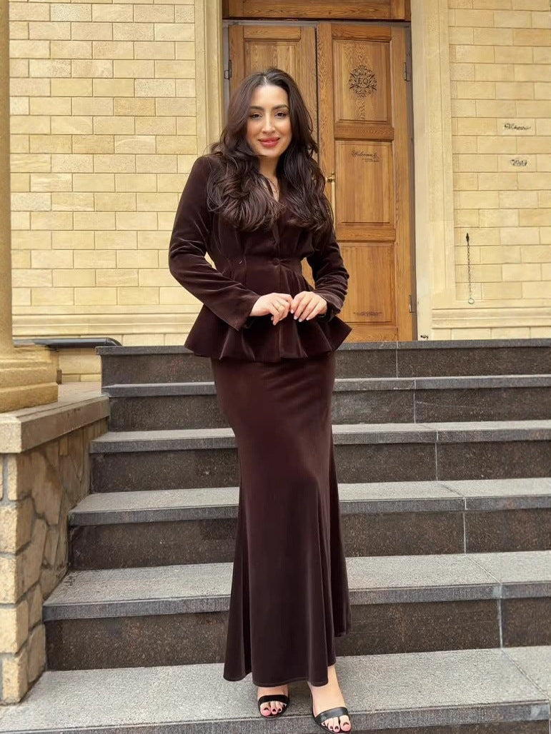 Flowering Girl Women brown Long Sleeve Long Skirt Set