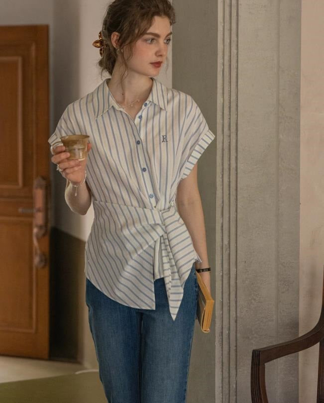 Flowering Girl Women cotton-dyed striped letters embroidered knotted tie-up short-sleeve shirt