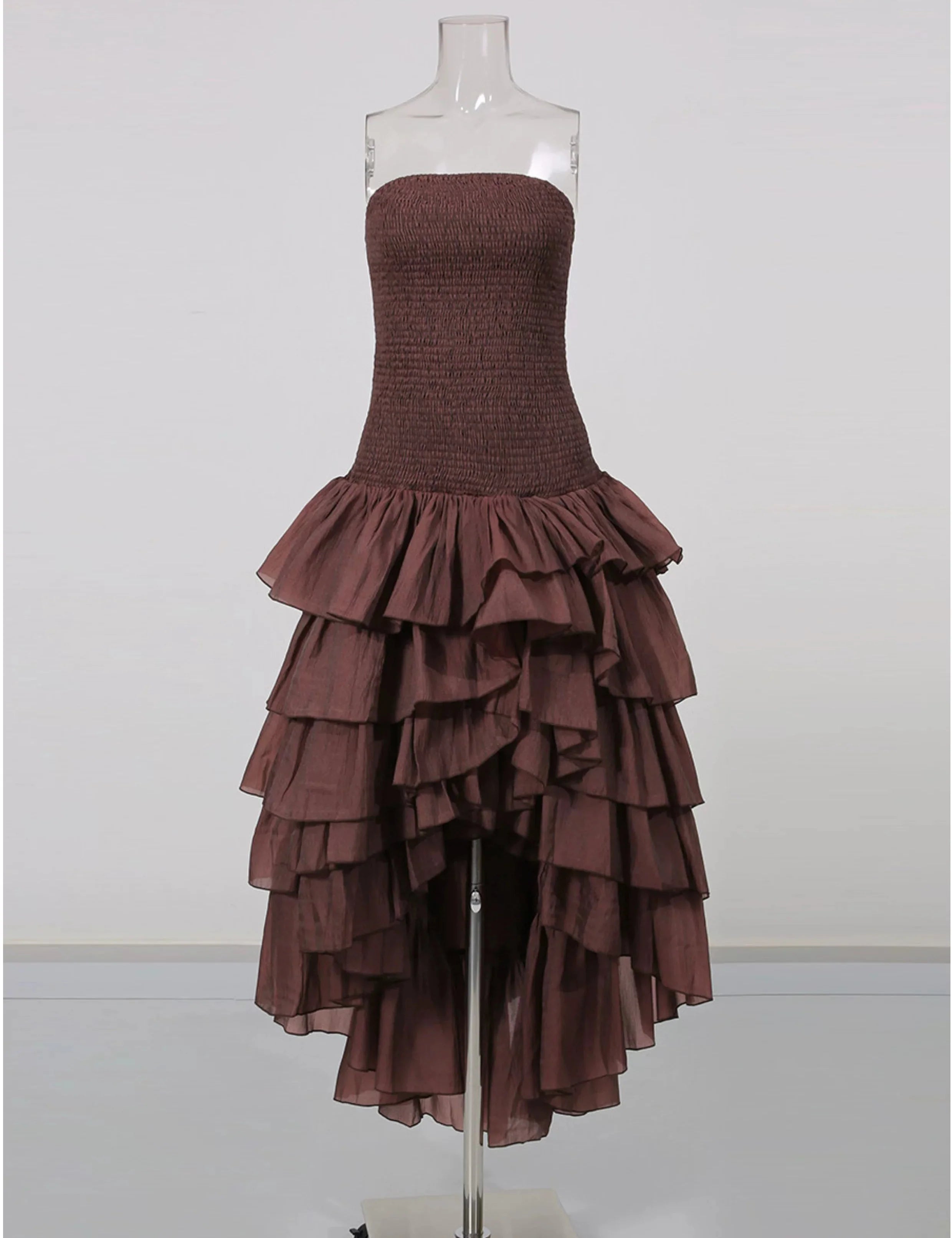 Flowering Girl Women Strapless Smocked Tiered High Low Midi Dress
