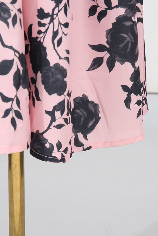Flowering Girl Women v-Neck Satin Floral Midi Dress In Pink