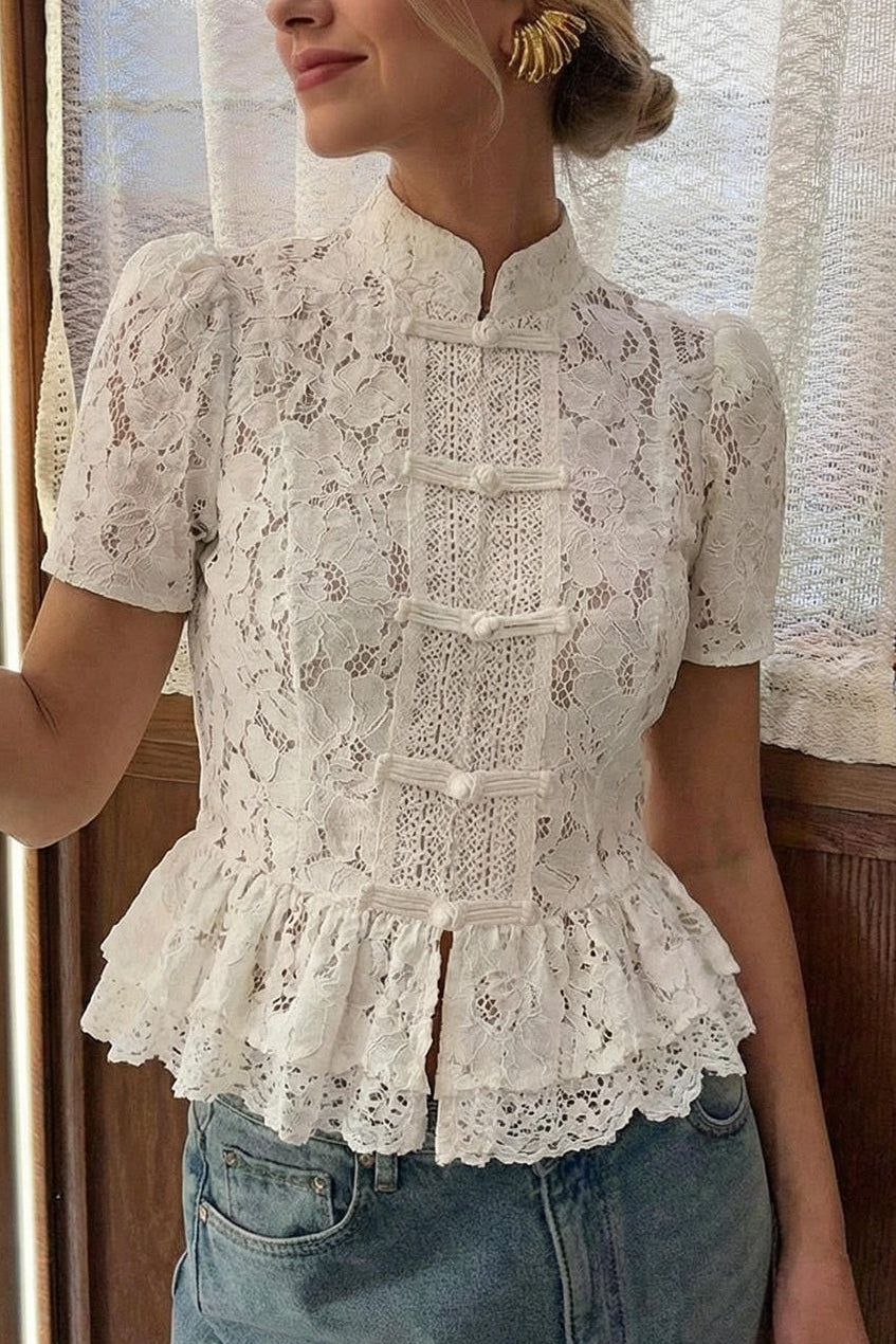 White Lace Stand-Up Collar Tops